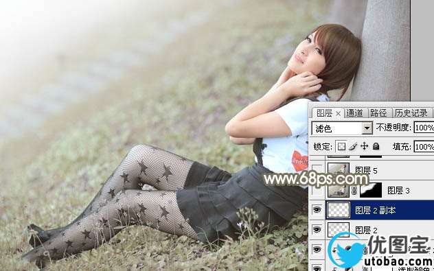 Photoshop给春季外景美女加上柔和的中性黄绿色