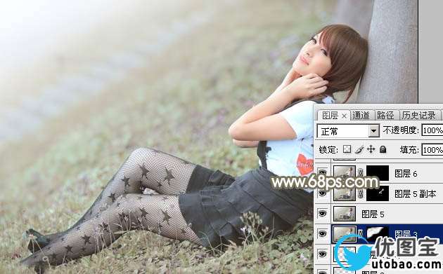 Photoshop给春季外景美女加上柔和的中性黄绿色