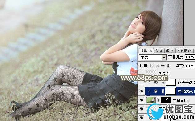 Photoshop给春季外景美女加上柔和的中性黄绿色