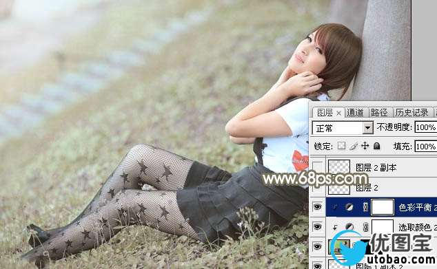 Photoshop给春季外景美女加上柔和的中性黄绿色
