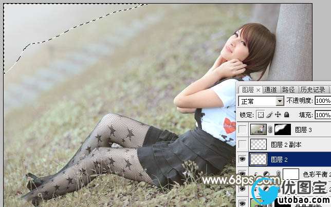 Photoshop给春季外景美女加上柔和的中性黄绿色