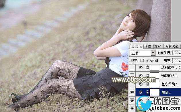 Photoshop给春季外景美女加上柔和的中性黄绿色