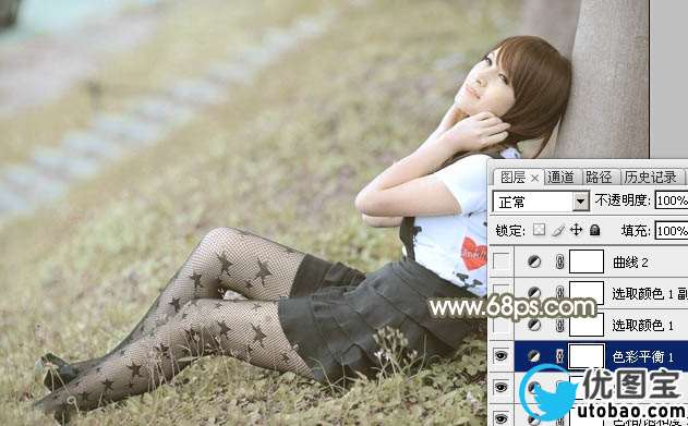 Photoshop给春季外景美女加上柔和的中性黄绿色