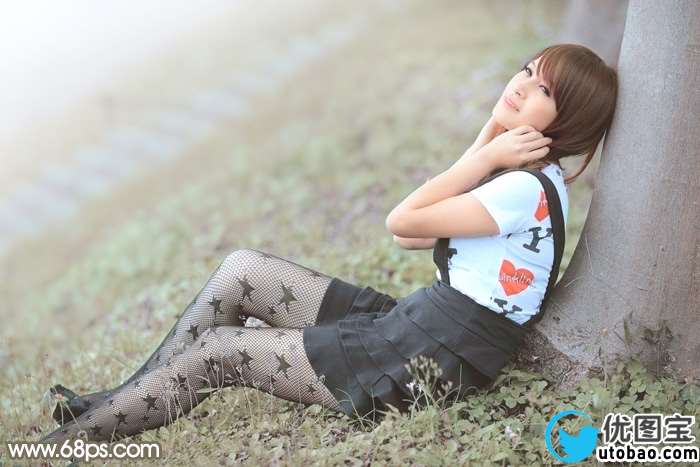 Photoshop给春季外景美女加上柔和的中性黄绿色