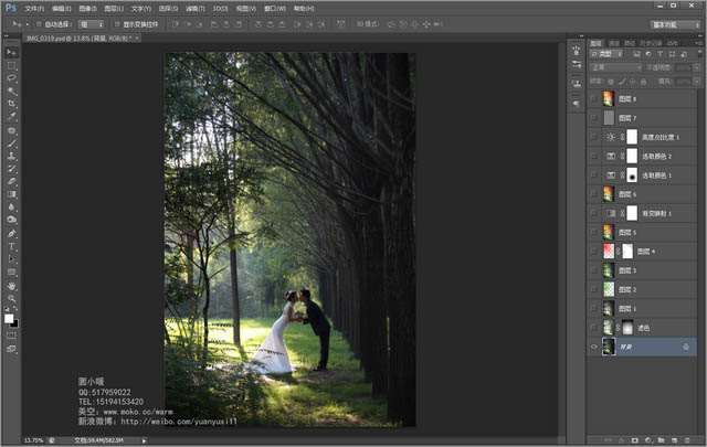 Photoshop给偏暗的树林婚片增加灿烂的阳光色彩