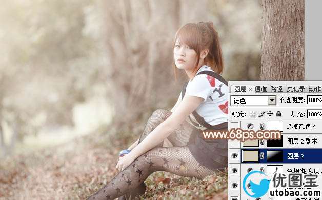 Photoshop给树林底部的美女加上梦幻的淡中性暖色