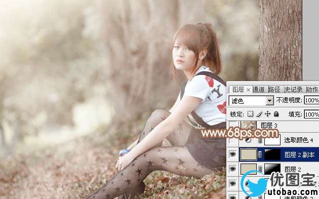 Photoshop给树林底部的美女加上梦幻的淡中性暖色