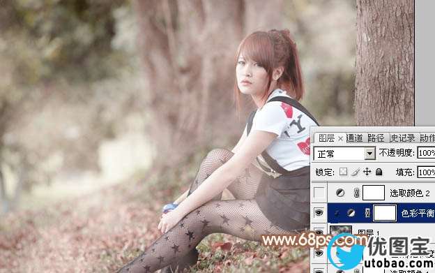 Photoshop给树林底部的美女加上梦幻的淡中性暖色