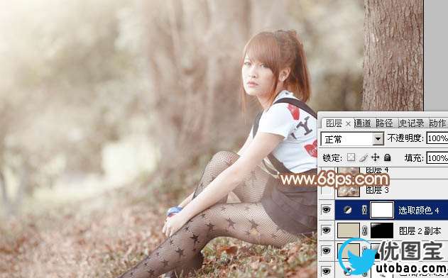 Photoshop给树林底部的美女加上梦幻的淡中性暖色