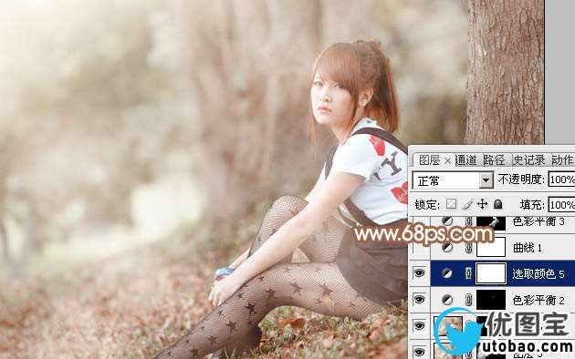 Photoshop给树林底部的美女加上梦幻的淡中性暖色