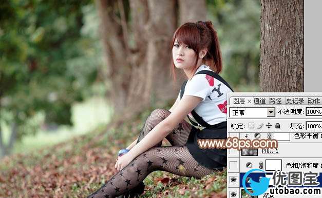 Photoshop给树林底部的美女加上梦幻的淡中性暖色