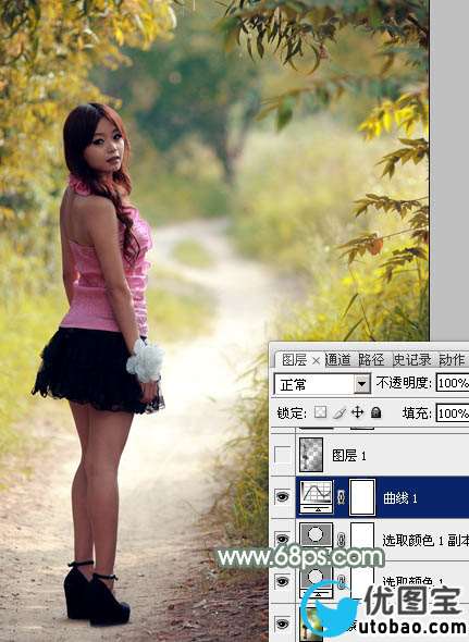 Photoshop给树林中的红衣美女加上漂亮的秋季色