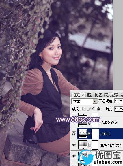 Photoshop给外景美女加上柔和的暗调蓝橙色