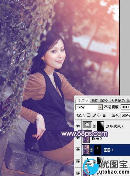 Photoshop给外景美女加上柔和的暗调蓝橙色