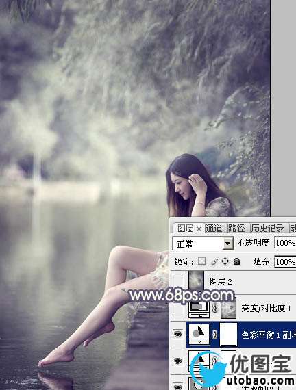 Photoshop打造古典粉蓝色外景美女图片