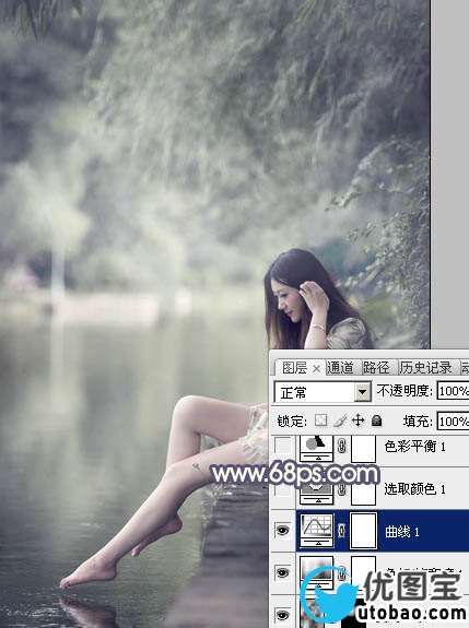 Photoshop打造古典粉蓝色外景美女图片