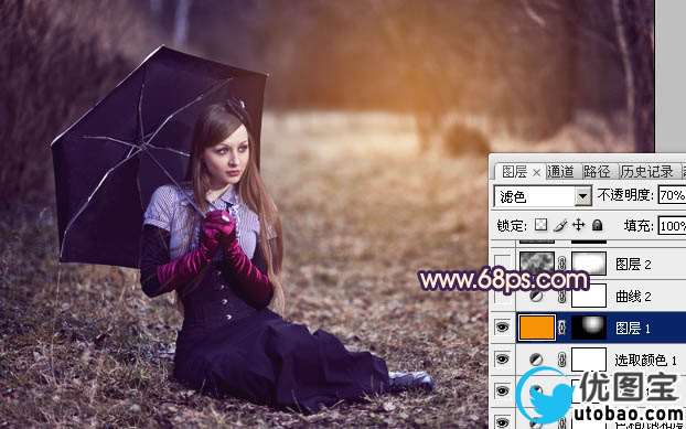 Photoshop给树林草地上的美女加上唯美晨曦色