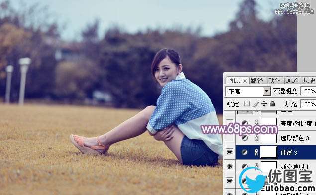Photoshop给草地上的美女加上甜美的淡调蓝黄色