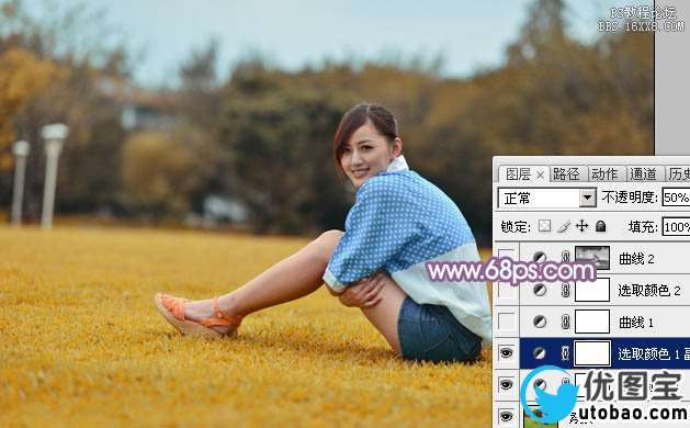 Photoshop给草地上的美女加上甜美的淡调蓝黄色