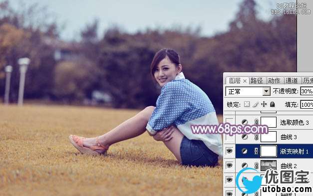 Photoshop给草地上的美女加上甜美的淡调蓝黄色