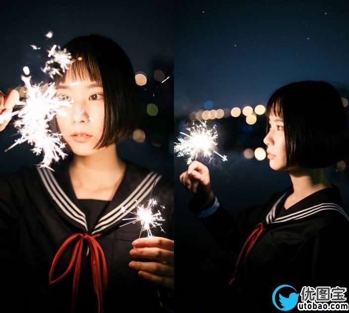 夜景调色，调拿着烟花的少女夜景照片实例_www.utobao.com